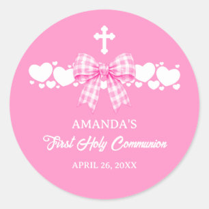 Girl's Pink Gingham Bow First Communion Classic Round Sticker