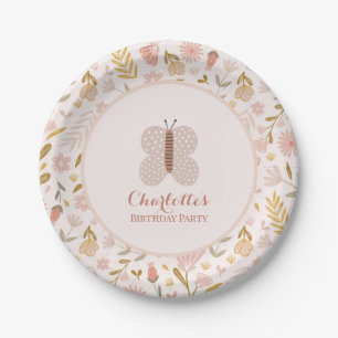 Girls Pink Gingham Wildflower Butterfly Paper Plate