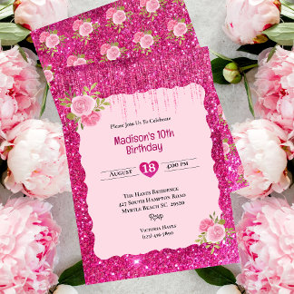Girls Pink Glitter Floral 10th Birthday Party   Invitation