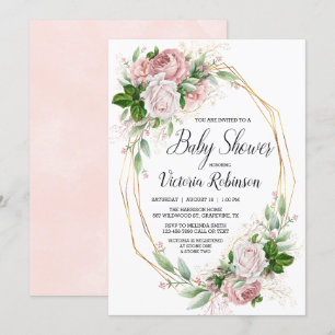 Girls Pink Gold Rose Modern Watercolor Baby Shower Invitation