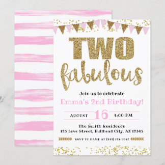 Girl's Pink & Gold Two Fabulous 2nd Birthday Invitation