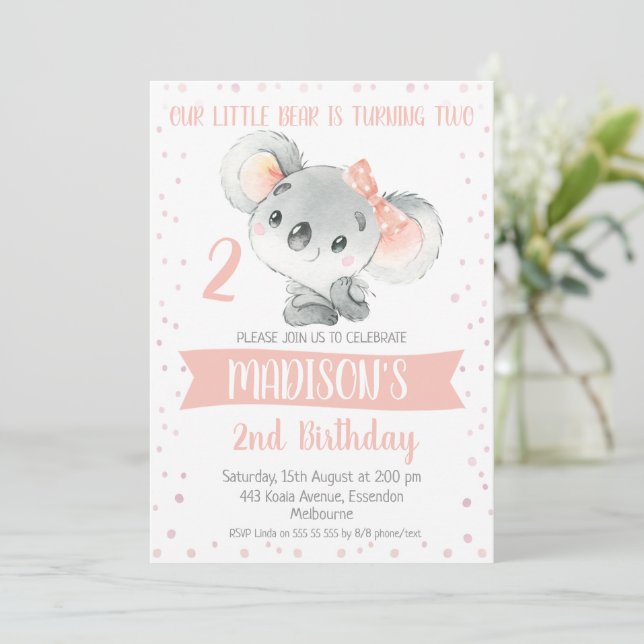 Girls Pink Gray Koala Bear Birthday Invitation (Standing Front)