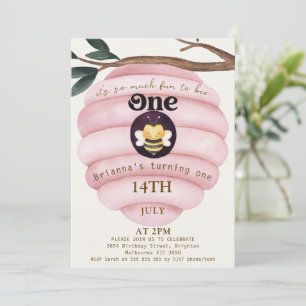 Girls Pink Hive Bee Themed 1st Birthday Invitation