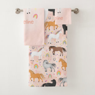 Girls Pink Horse Unicorn Rainbow Kids Monogram Bath Towel Set