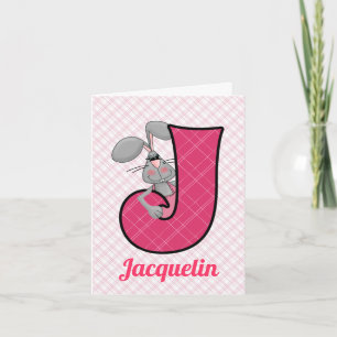 GIrls Pink Jackrabbit Monogrammed Letter J Blank Note Card