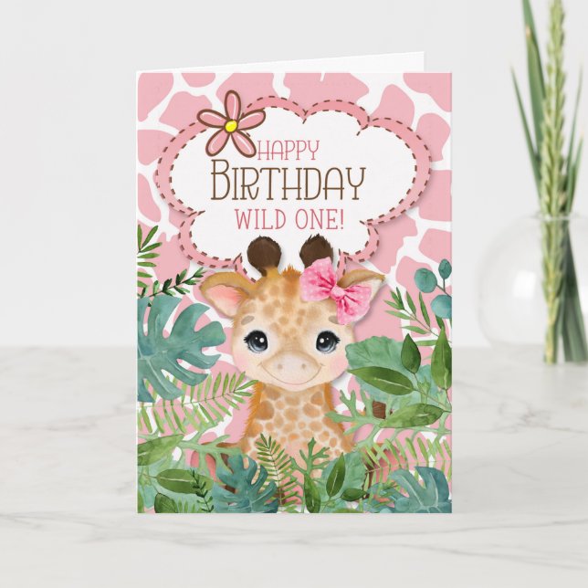 Girl's Pink Jungle Giraffe Themed Birthday Card (Front)