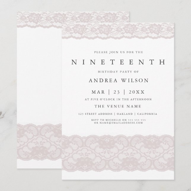 Girls Pink Lace 19th birthday Party Invite (Front/Back)