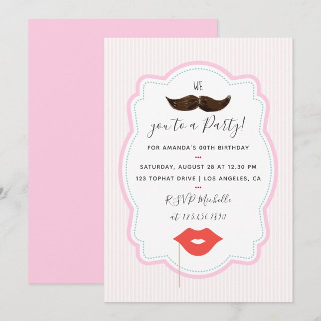 Girls Pink Moustache Party Invitation (Front/Back)