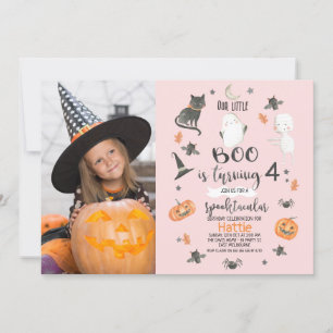 Girls Pink Orange Grey Photo Halloween Birthday  Invitation
