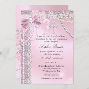 Girls Pink Pearl Bow Cross Holy Communion Invitation