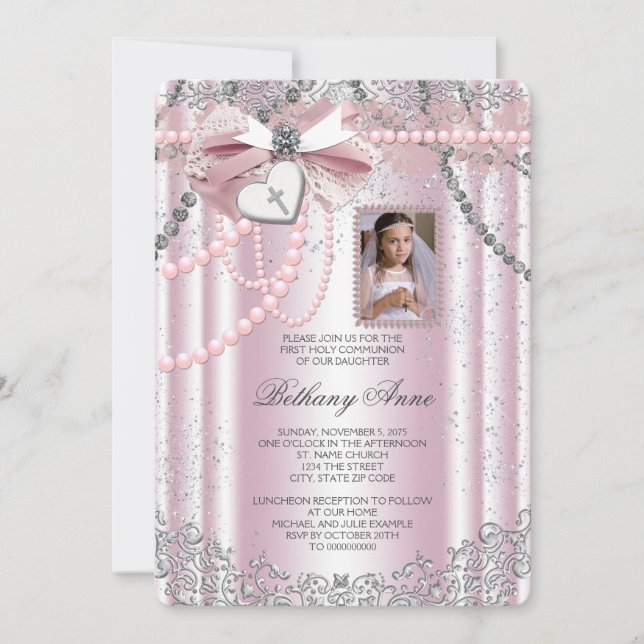 Girls Pink Photo First Communion Invitation (Front)