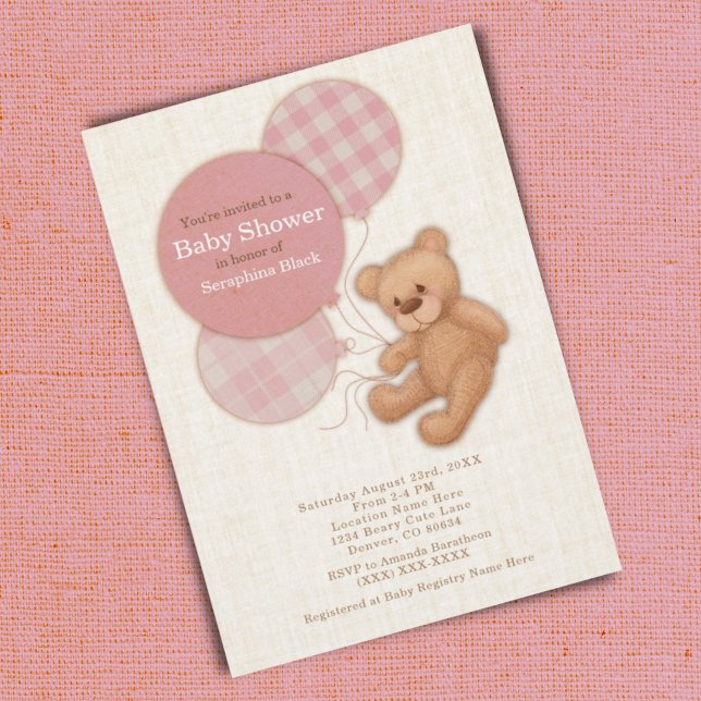 Girls Pink Plaid Teddy Bear Baby Shower Invitation (Creator Uploaded)