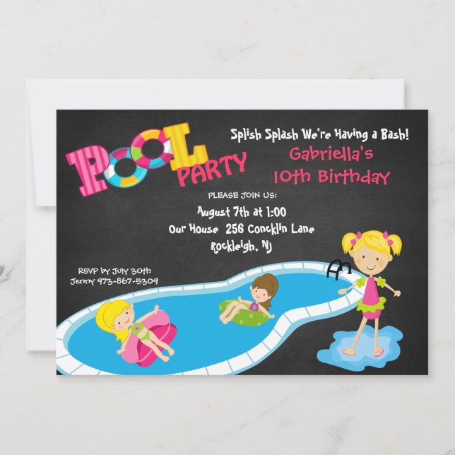 Girls Pink Pool Party Birthday Invitation (Front)