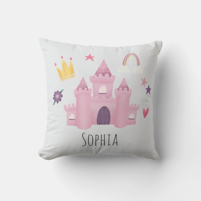 Girls Pink Princess Castle and Crown Kids Nursery Throw Pillow (Front)