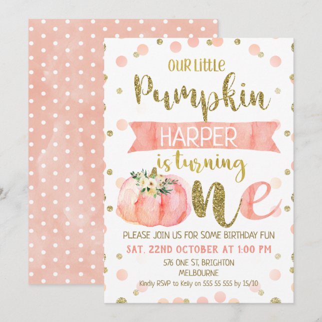 Girls Pink Pumpkin First Birthday Invitation (Front/Back)