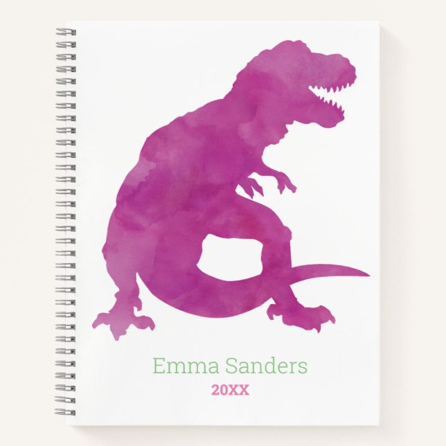 Girls Pink Purple Dinosaur Watercolor T-Rex Kids Notebook (Front)