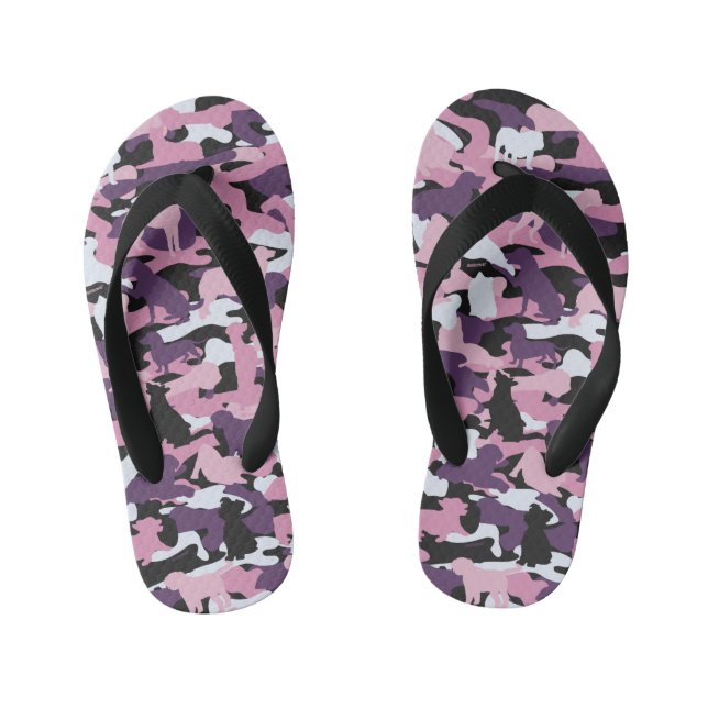 Girls Pink Purple Dog & Bone Camo Flip Flops (Footbed)