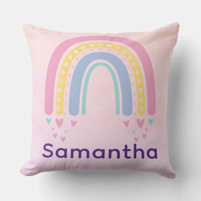 Girls Pink Rainbow Personalized Name Throw Pillow (Front)