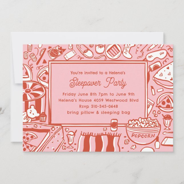 Girls Pink Red Sleepover Birthday Party Invitation (Front)