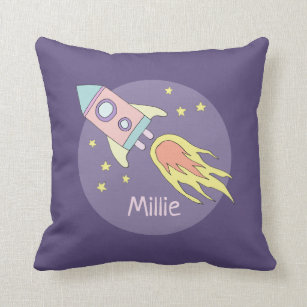 Girl's Pink Rocket Ship Space and Name Kids Throw Pillow