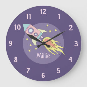 Girl's Pink Rocket Ship Space and Name Nursery Large Clock