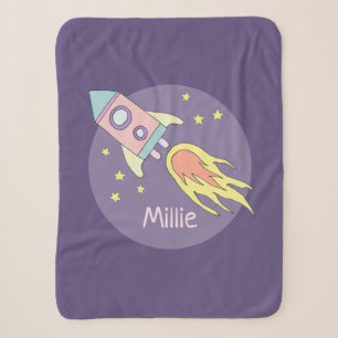 Girl's Pink Rocket Ship Space Galaxy and Name Sherpa Blanket