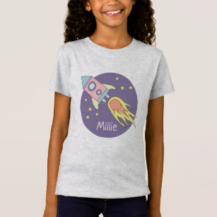 Girl's Pink Rocket Ship Space Galaxy and Name T-Shirt
