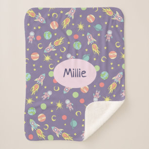 Girl's Pink Rocket Ship Space Pattern and Name Sherpa Blanket
