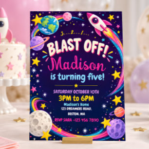 Girls Pink Rocket Space Birthday Invitation