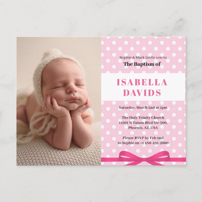 Girls pink simple elegant baptism invitation postcard (Front)