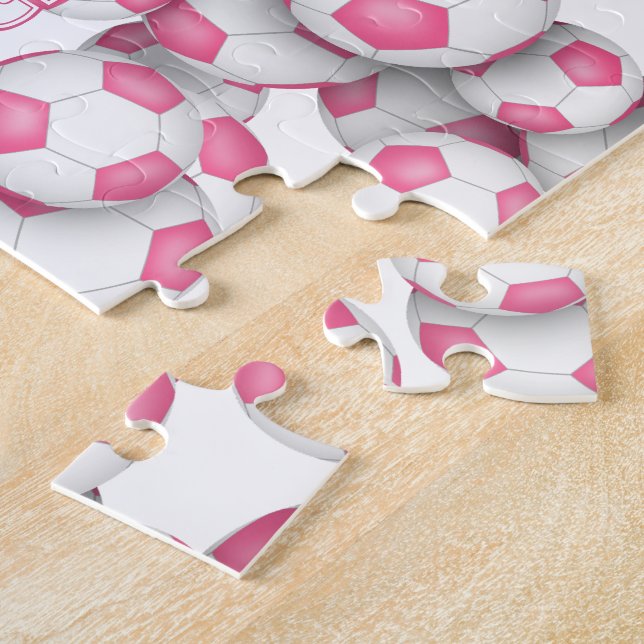 girls pink soccer custom name jigsaw puzzle (Side)