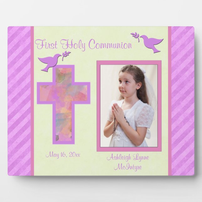 Girl's Pink Striped First Holy Comunion Plaque (Front)