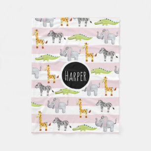 Girl's Pink Striped Safari Animal with Name Kids Fleece Blanket