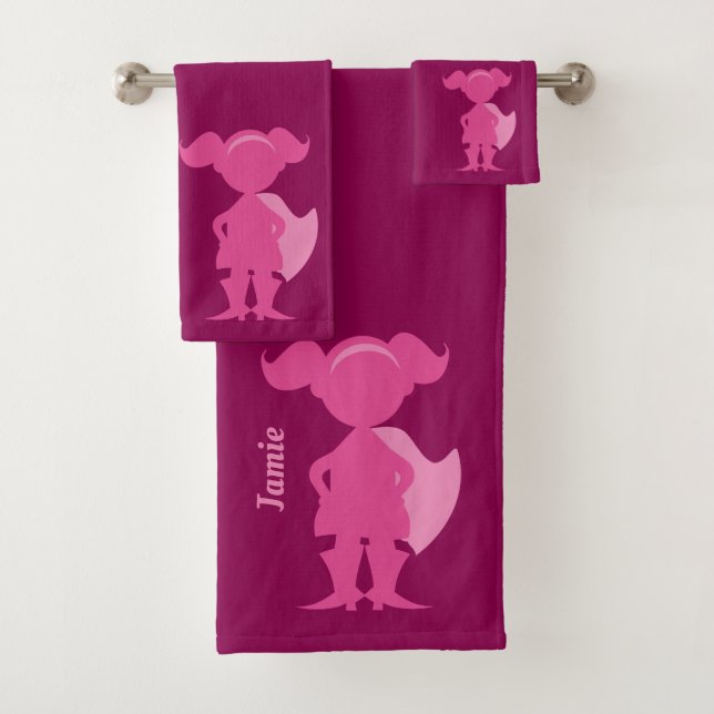 Girls Pink Superhero Silhouette Personalized Kids Bath Towel Set (Insitu)