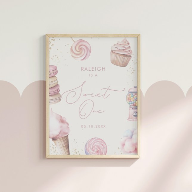 Girls' Pink Sweet One Candy Ice Cream 1st Birthday Poster (Creator Uploaded)