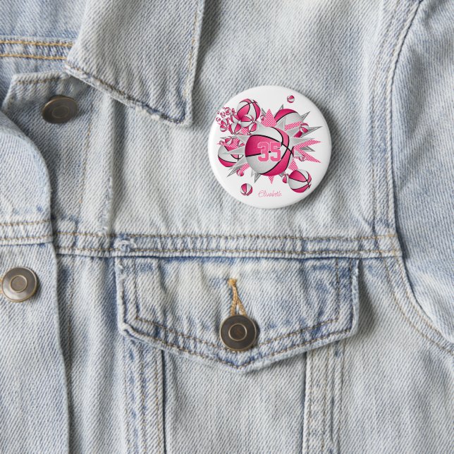 girls pink team sports gifts basketballs stars 2 inch round button (In Situ)