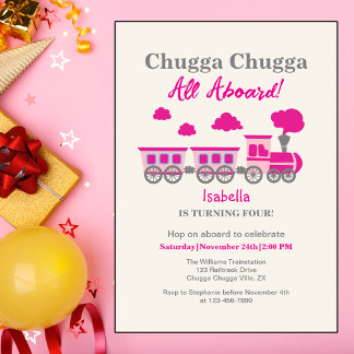 Girls Pink Train Any Age Birthday Party Invitation