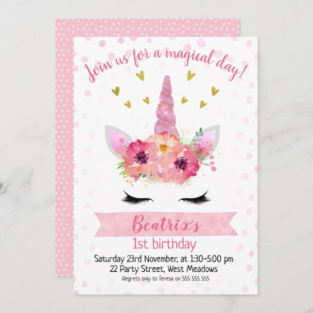 Girls Pink Unicorn Face Birthday Invitation (Front/Back)