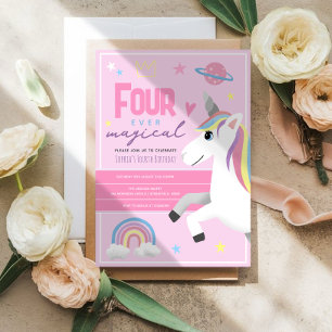 Girls Pink Unicorn Four Ever Magical 4th Birthday Invitation