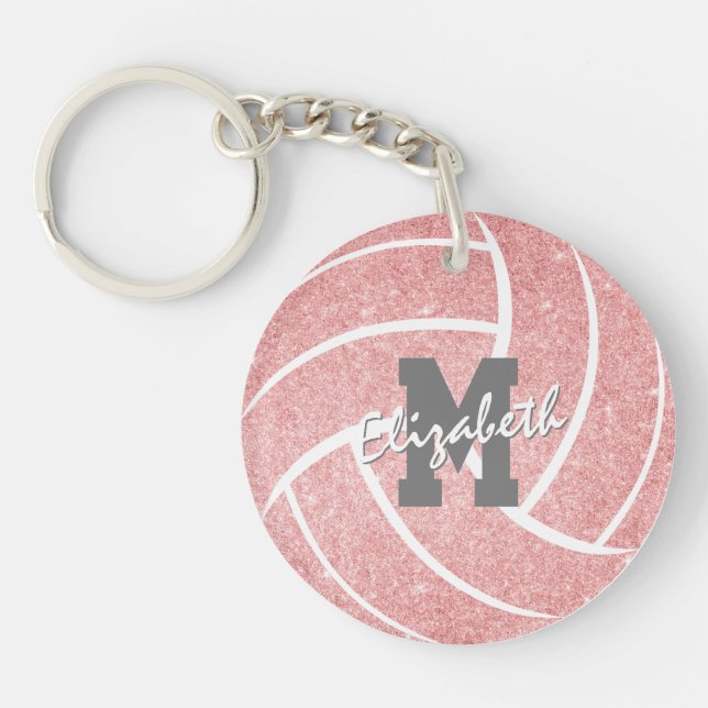girls pink volleyball bag tag with monogram keychain (Front)