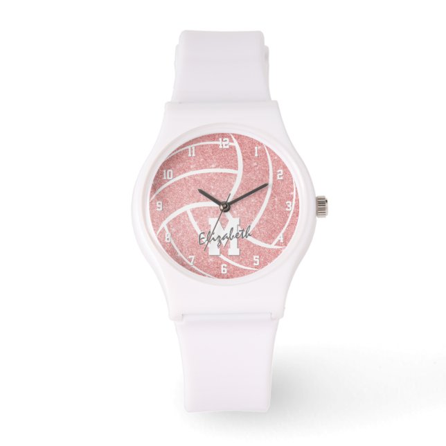 girls pink volleyball watch with monogram (Front)