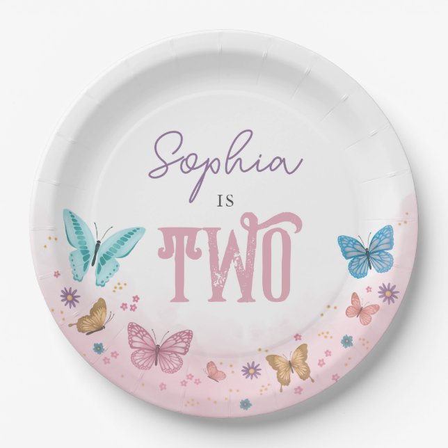 Girls Pink Watercolor Butterfly Cute Kids Birthday Paper Plate (Front)