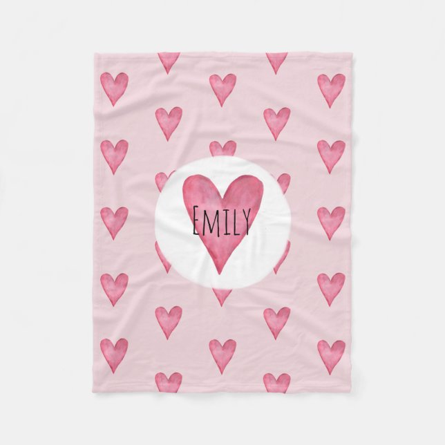 Girl's Pink Watercolor Heart and Name Children's Fleece Blanket (Front)