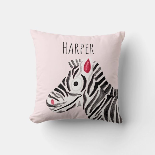 Girl's Pink Watercolor Zebra Safari Baby Nursery Throw Pillow (Front)