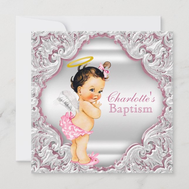 Girls Pink White Angel Girl Baby Baptism Invitation (Front)