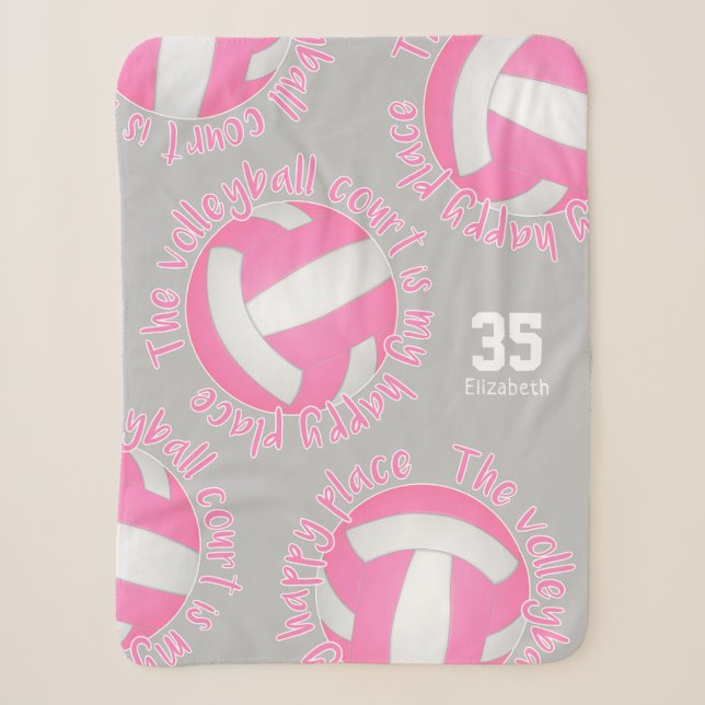 girls pink white volleyball court my happy place sherpa blanket (Front)