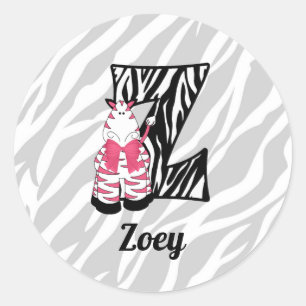 Girls Pink Zebra Letter Z Monogrammed Classic Round Sticker