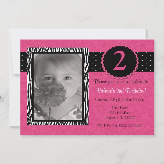 Girls Pink Zebra Personalized Birthday Invitation (Front)