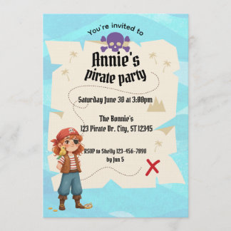 Girls Pirate Map Birthday Party Invitation
