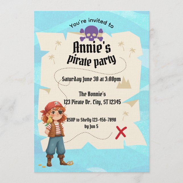 Girls Pirate Map Birthday Party Invitation (Devant)